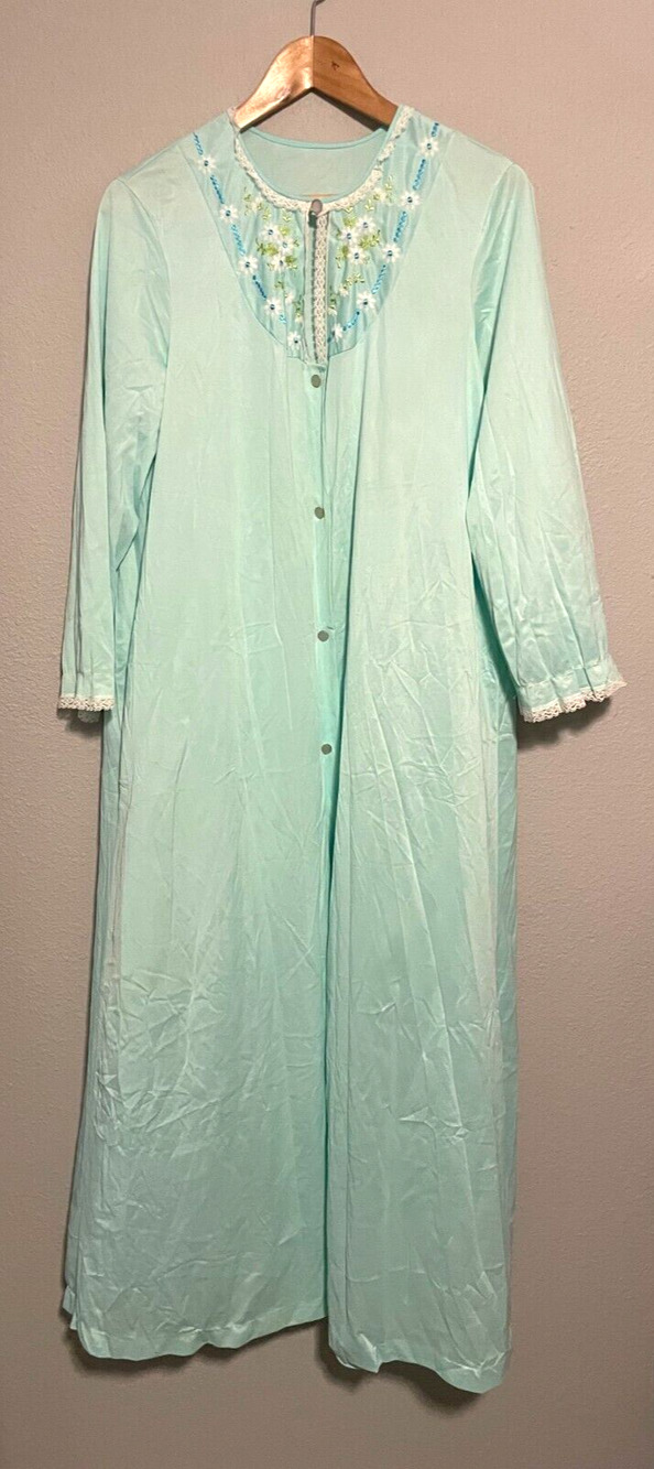 Vintage Womens Robe Medium Blue Satin Floral Embroidered Cottagecore Prairie 70s